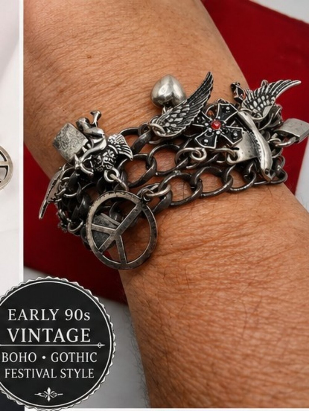 Vintage 1993 NOS Charm Bracelet Peace Sign Angel Wings Cross Heart Silver Tone